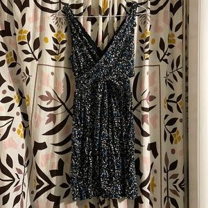 XS Loft Crisscross Dress in Black, White and Blue Print